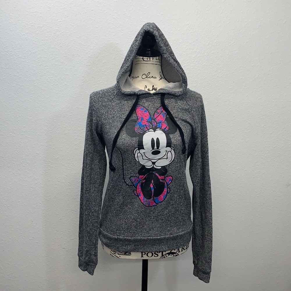 Disney Minnie Mouse Gray Pink Blue Pull Over Hoodie Jacket Juniors Size Medium